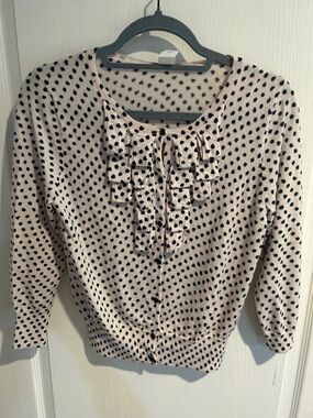 J. Crew Pink Polka Dot Ruffle Front Cardigan